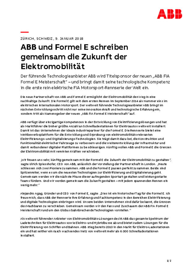 ABB und Formel E schreiben gemeinsam die Zukunft der Elektromobilität