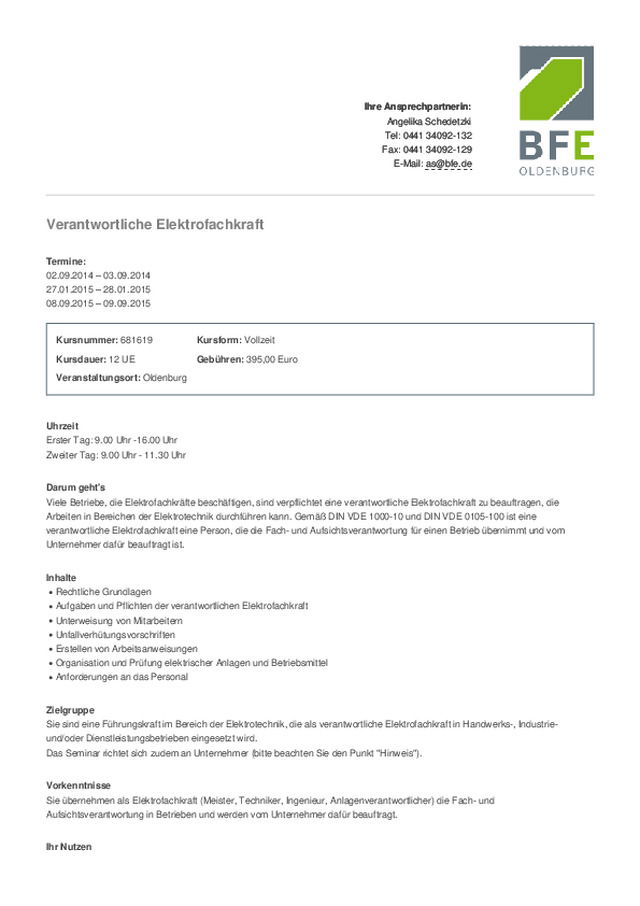 Weiterbildung: Verantwortliche Elektrofachkraft