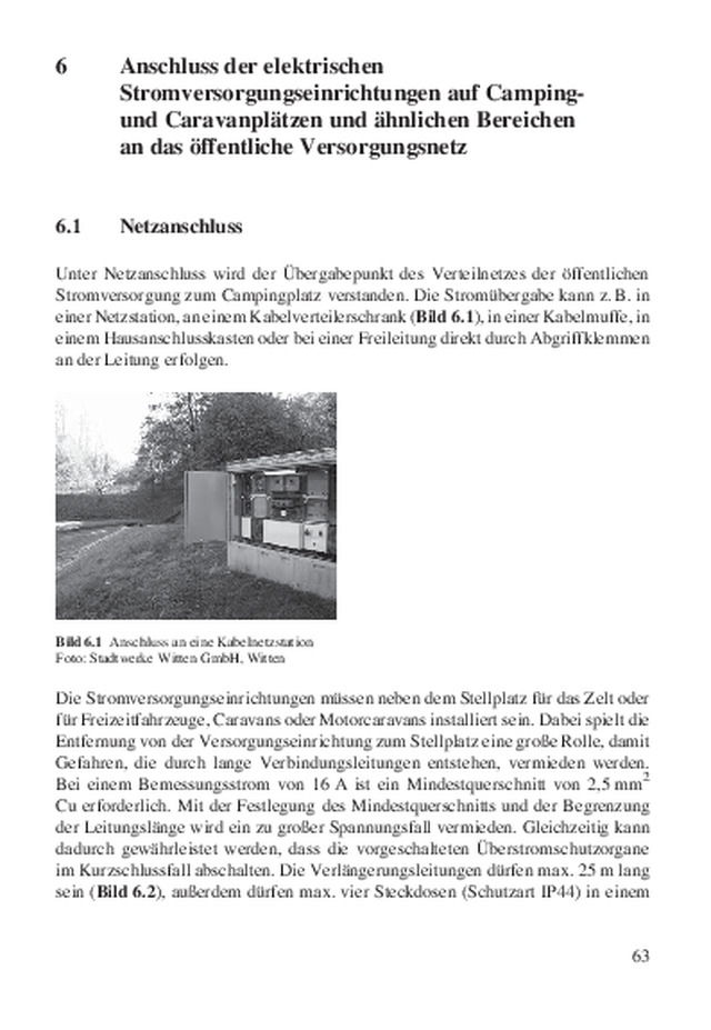 Elektrische Anlagen auf Campingplätzen und in Caravans | Anschluss der elektrischen Stromversorgungseinrichtungen auf Camping- und Caravanplätzen und ähnlichen Bereichen an das öffentliche Versorgungsnetz
