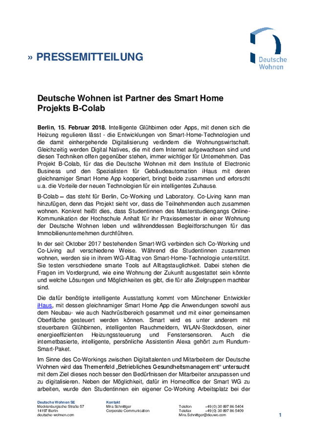 Deutsche Wohnen ist Partner des Smart Home Projekts B-Colab