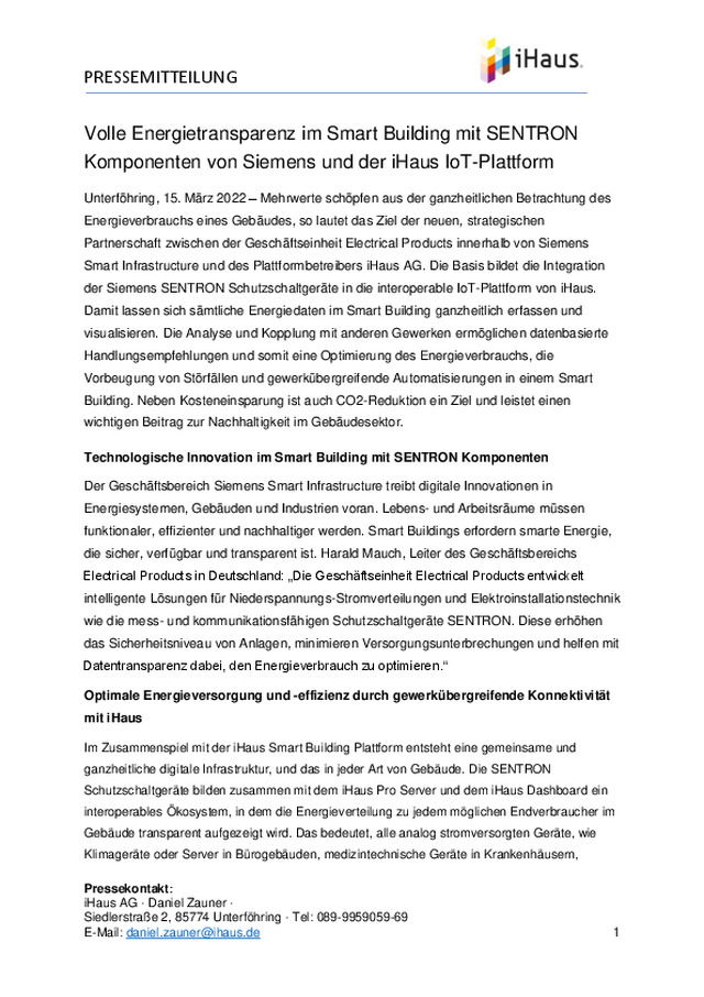 Volle Energietransparenz im Smart Building mit SENTRON Komponenten von Siemens und der iHaus IoT-Plattform
