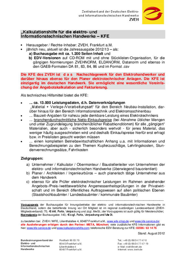 Kalkulationshilfe für die elektro- und Informationstechnischen Handwerke – KFE