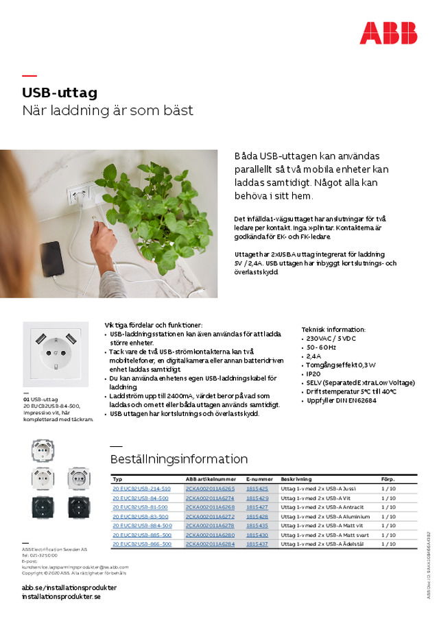 Infällt 1-vägsuttag med dubbla USB-uttag