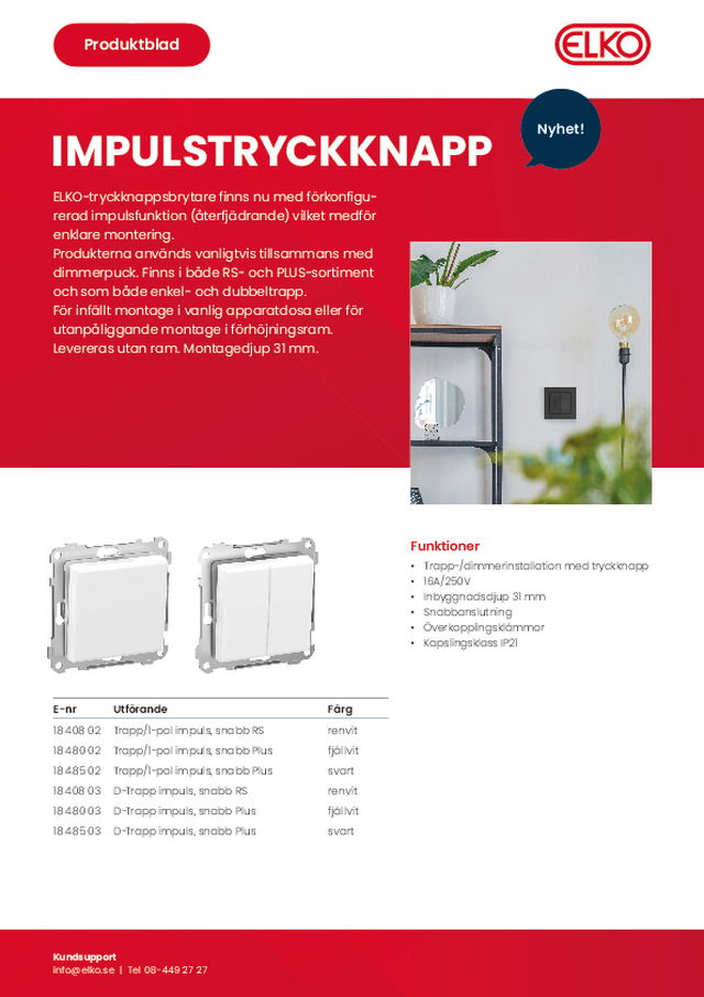 ELKO produktblad Impulstryckknapp